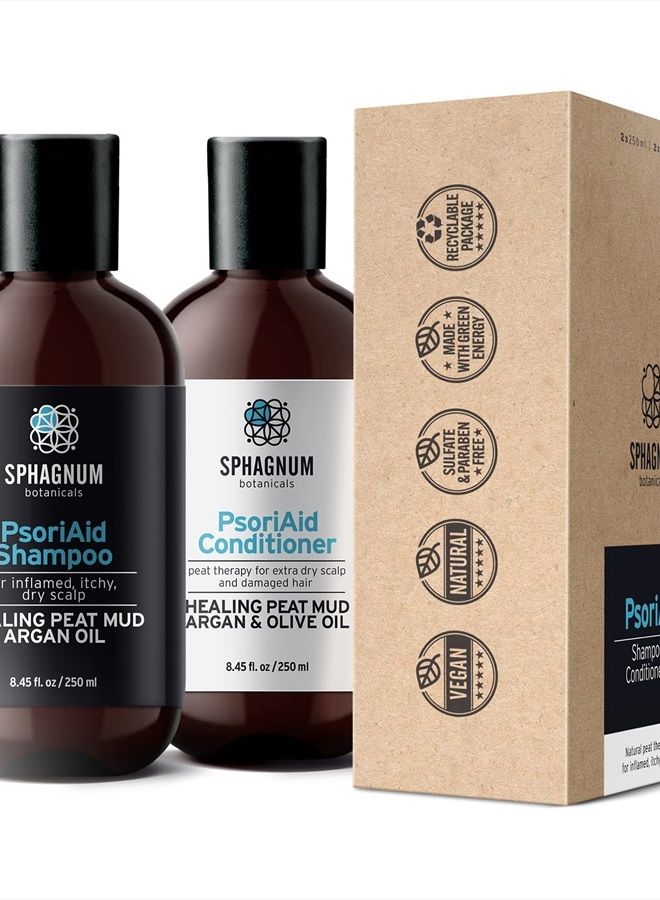 Sphagnum Botanicals Psoriasis Shampoo and Conditioner Set - Peat Mud Therapy for Itchy Scalp with Argan and Olive Oil Treatment, No Coal Tar. For Both Men and Women. 2 x 8.45 fl. Oz - Image 1