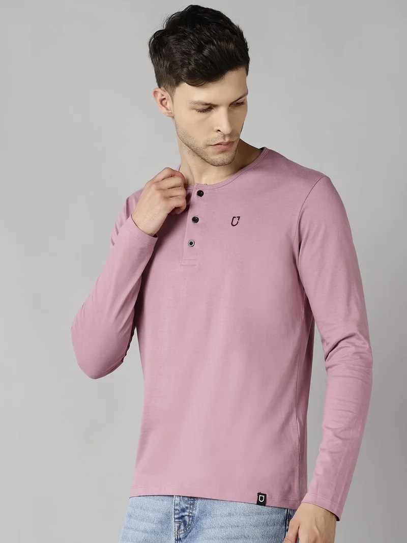 Urbano Fashion Men's Lilac Solid Henley Neck Slim Fit Full Sleeve Cotton T-Shirt