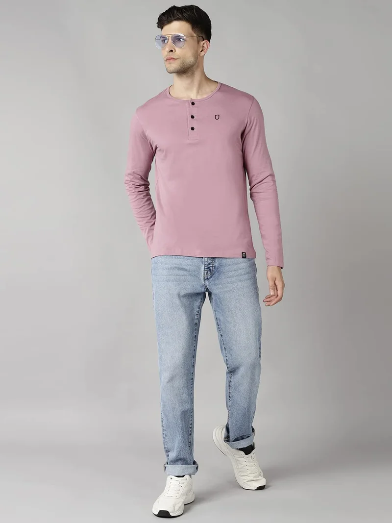 Urbano Fashion  Urbano Fashion Men's Lilac Solid Henley Neck Slim Fit Full Sleeve Cotton T-Shirt  | Best Price UAE