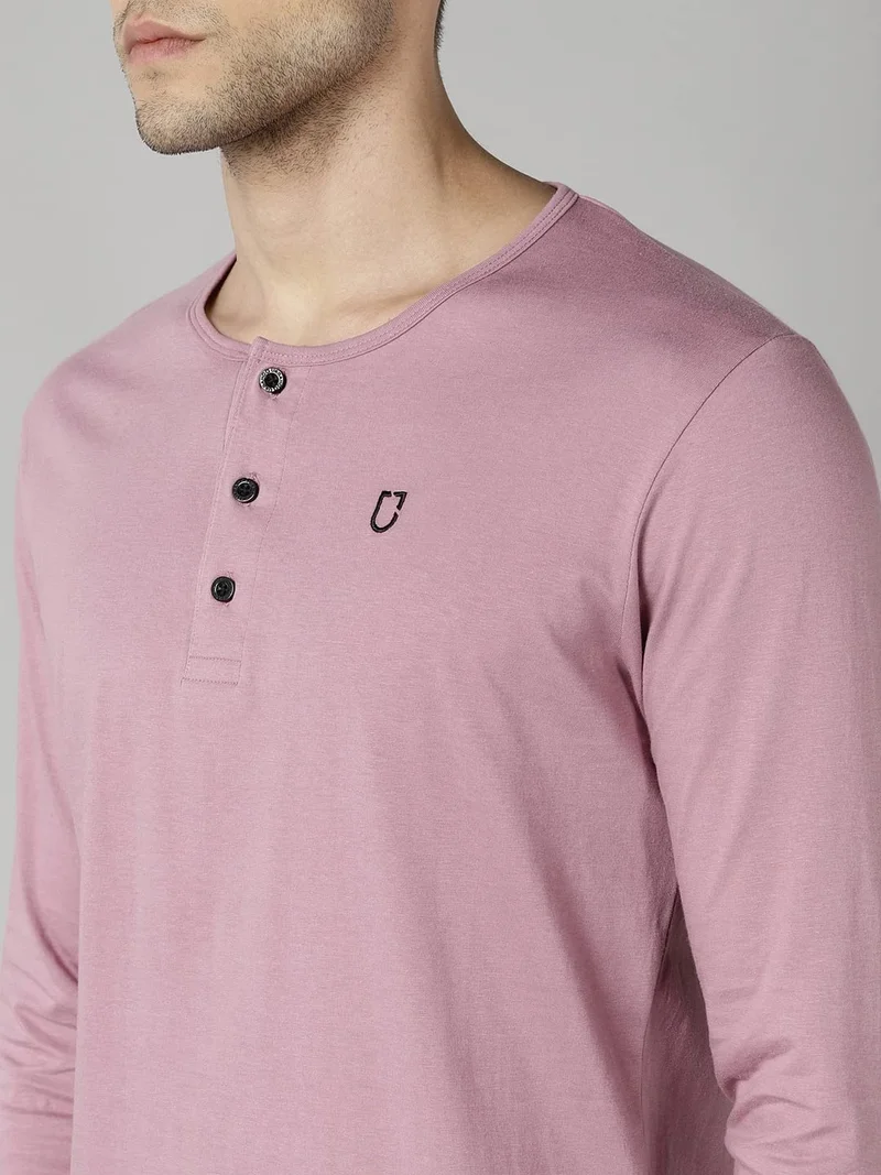 Urbano Fashion  Urbano Fashion Men's Lilac Solid Henley Neck Slim Fit Full Sleeve Cotton T-Shirt  | Best Price UAE