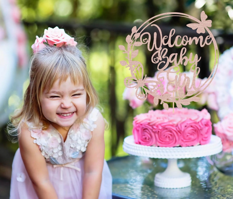 AHAORAY Welcome Baby Girl Cake Topper - Rose Gold Glitter Baby Shower Cake Decorations for Girl  Baby Girl Cake Topper  for Baby Shower/Baby Birthday Party/Baby Gender Reveal Party Photo Booth Props - Image 4