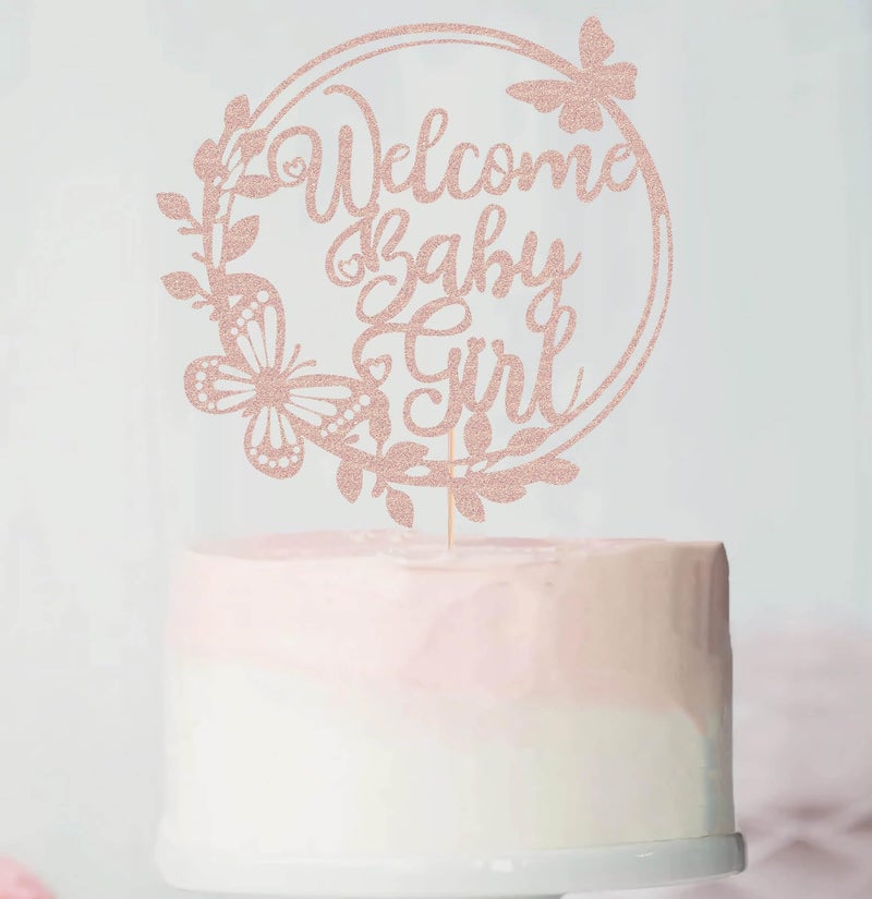 AHAORAY Welcome Baby Girl Cake Topper - Rose Gold Glitter Baby Shower Cake Decorations for Girl  Baby Girl Cake Topper  for Baby Shower/Baby Birthday Party/Baby Gender Reveal Party Photo Booth Props - Image 2