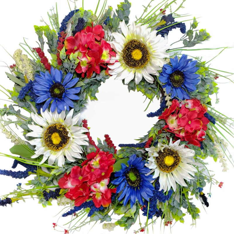 TEMPUS 20 Inch Patriotic Wreath for Front Door Artificial Sunflower Red White and Blue Hydrangea Wreath 4th of July Independence Day Memorial Day Flag Day Hanging Decorations