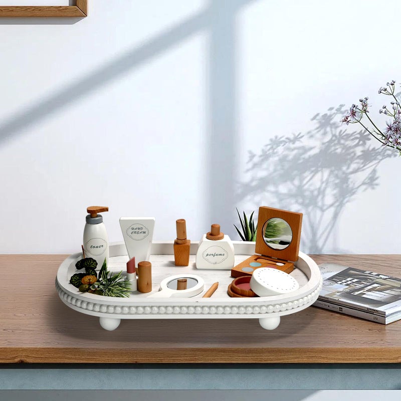SYNCVIBE Wooden Decorative Tray for Home Decor, Beaded White Oval Tray Decor for Coffee Table, Rustic Wood Serving Trays Farmhouse Centerpieces for Living Room Kitchen Counter (White Oval) - Image 5
