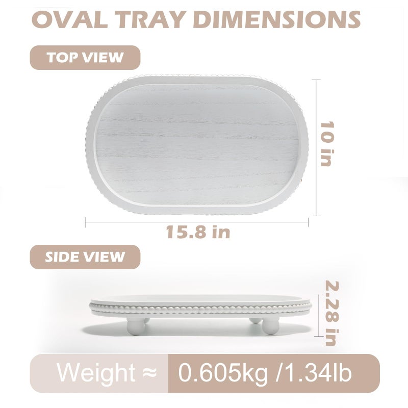 SYNCVIBE Wooden Decorative Tray for Home Decor, Beaded White Oval Tray Decor for Coffee Table, Rustic Wood Serving Trays Farmhouse Centerpieces for Living Room Kitchen Counter (White Oval) - Image 3