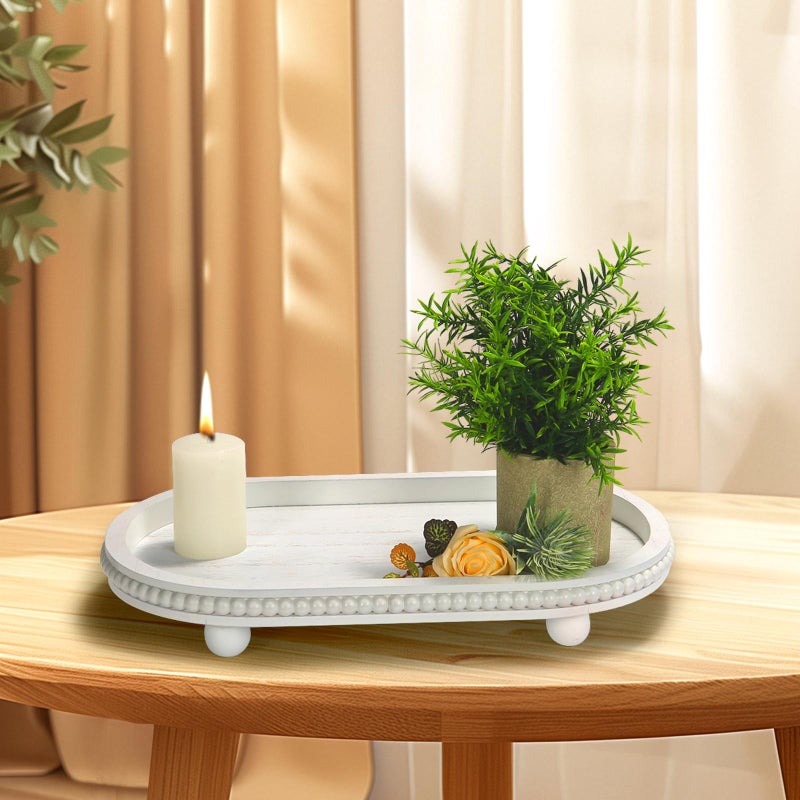 SYNCVIBE Wooden Decorative Tray for Home Decor, Beaded White Oval Tray Decor for Coffee Table, Rustic Wood Serving Trays Farmhouse Centerpieces for Living Room Kitchen Counter (White Oval) - Image 4