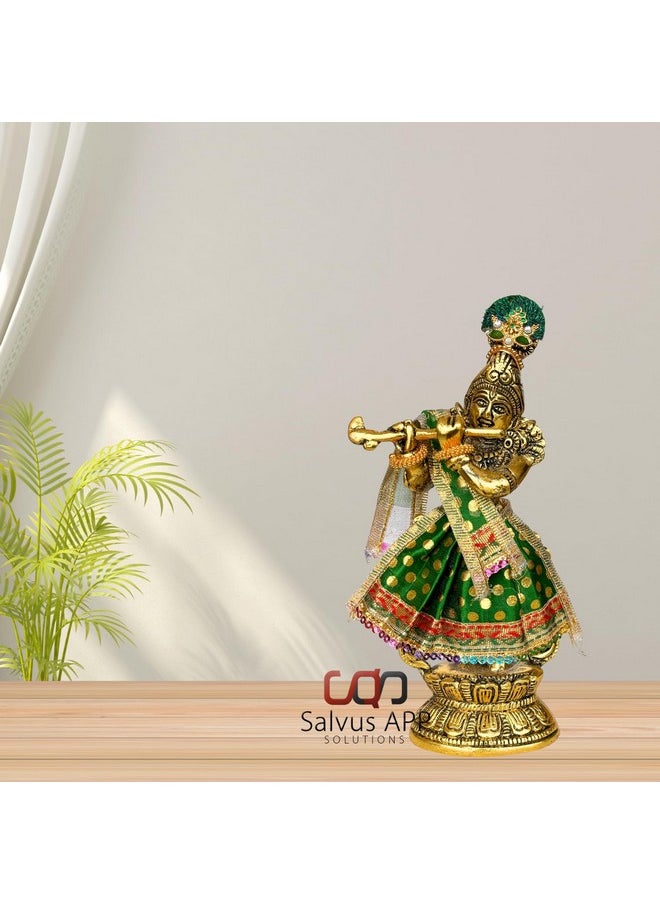 سالفوس أب سولوشنز - حلول تطبيق Salvus تمثال كريشنا المعدني الإلهي مع فستان ومجوهرات رائعة - عزز ديكورك بالأناقة الإلهية (ذهبي وأخضر 3 × 9 بوصات) - Image 1