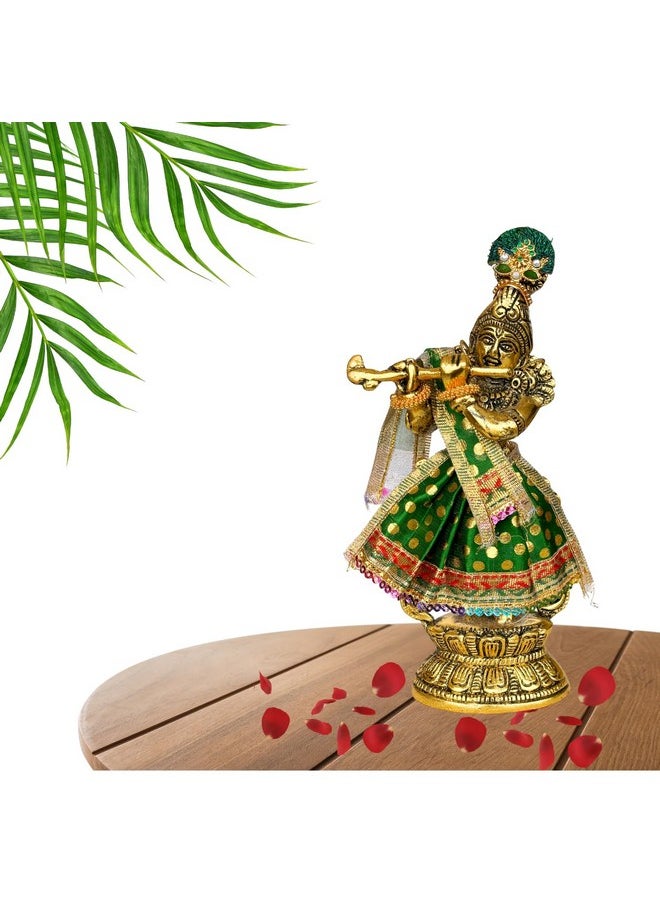 سالفوس أب سولوشنز - حلول تطبيق Salvus تمثال كريشنا المعدني الإلهي مع فستان ومجوهرات رائعة - عزز ديكورك بالأناقة الإلهية (ذهبي وأخضر 3 × 9 بوصات) - Image 1