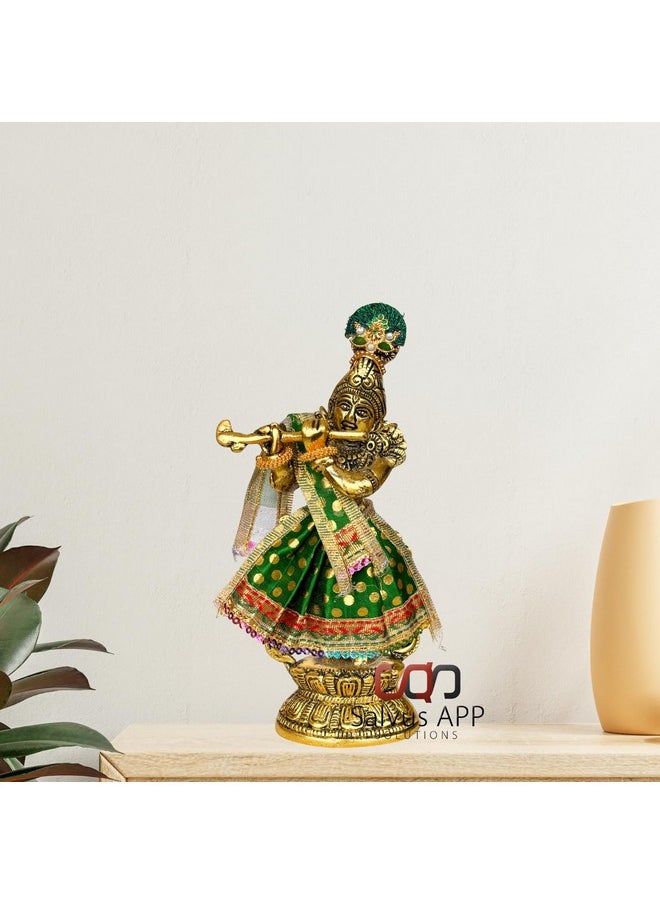 سالفوس أب سولوشنز - حلول تطبيق Salvus تمثال كريشنا المعدني الإلهي مع فستان ومجوهرات رائعة - عزز ديكورك بالأناقة الإلهية (ذهبي وأخضر 3 × 9 بوصات) - Image 1