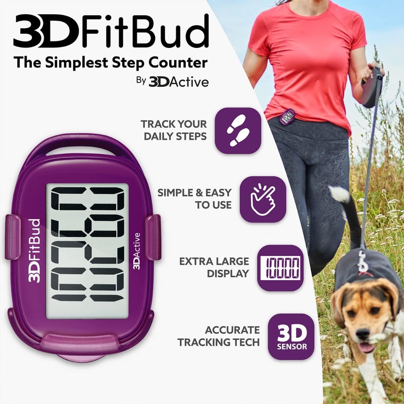 3DActive 3DFitBud Simple Step Counter Walking 3D Pedometer by with Clip, Lanyard Accurate Step Tracker Large Display, Easy to Use for Kids Men Women Adult Seniors Daily Step Tracking - A420S - Image 2