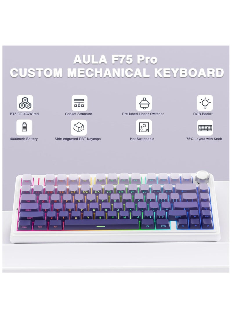AULA - AULA F75 75% Wireless Mechanical Keyboard,2.4Ghz/Type-C/BT5.0 Mechanical Keyboard,Side Engraved Gasket Hot Swappable Custom Keyboard,Pre-lubed Linear Switches RGB Backlit Gaming Keyboard(Star Vector Switch - Purple) - Image 1