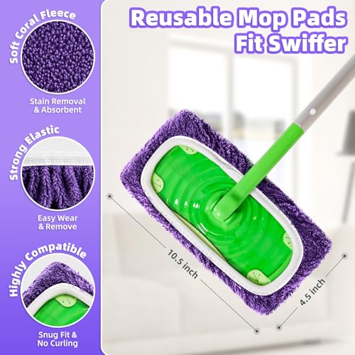 LOVECO Reusable Mop Pads Compatible with Swiffer Sweeper Mop, Microfiber Wet Pads Refill & Machine Washable Dry Sweeping Cloths for Use on All Sealed Floors - Stone, Hardwood, Laminate & Tile (6 Purple) - Image 3