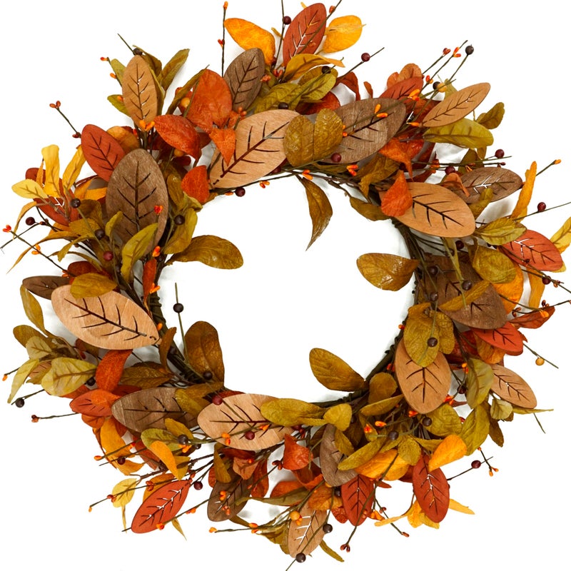 Artificial 20 inch Fall Wreath Autumn Magnolia Wreath with Wooden Magnolia LeavesMulticolored Berry for Front Door Indoor Outdoor Farmhouse Wall Holiday Decor