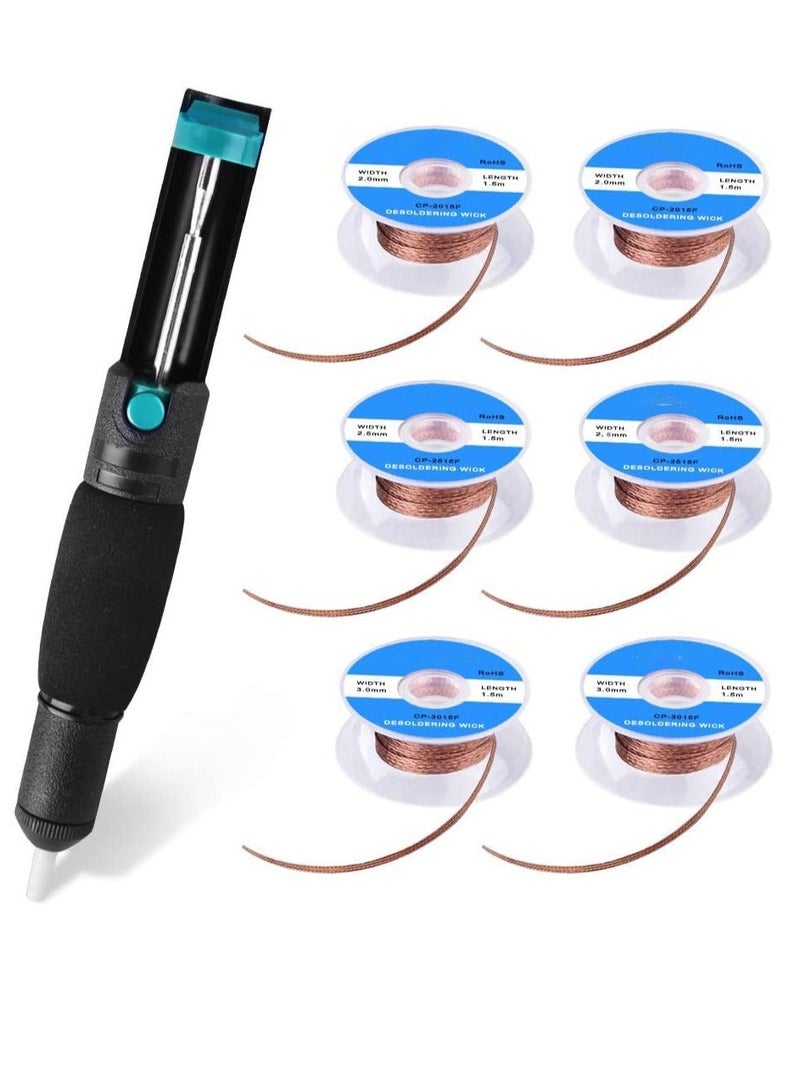 7 Pieces Solder Sucker Desoldering Wick Kit, Including 1 Pc Desoldering Sucker And 6 Pcs Solder Braid Wick, 2.0mm 2.5mm 3.0mm Width, 1.5m Length with Flux, Desoldering Vacuum Pump Solder Removal Tool - Image 1