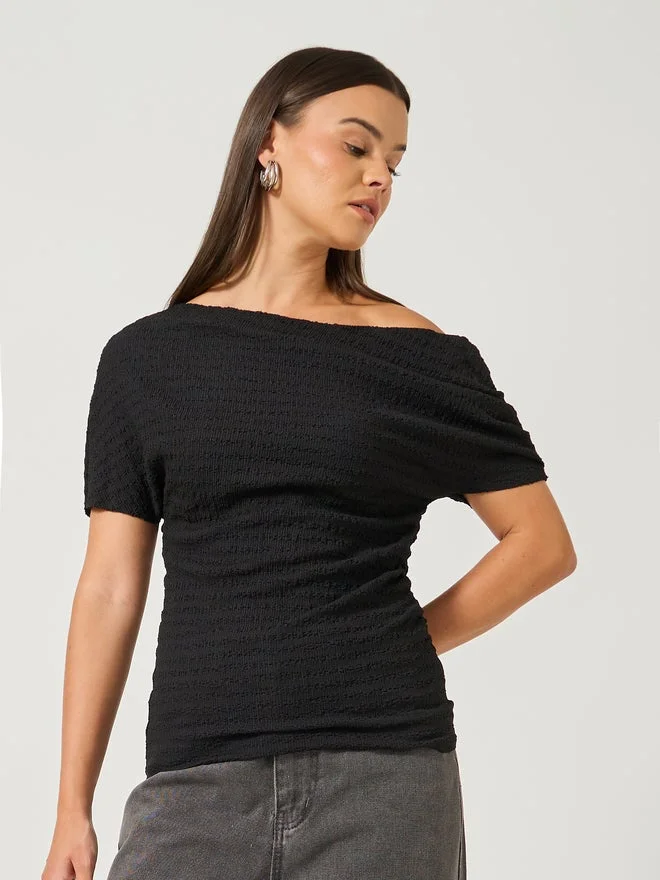 Women Black Textured Asymmetric Neck Knit Top