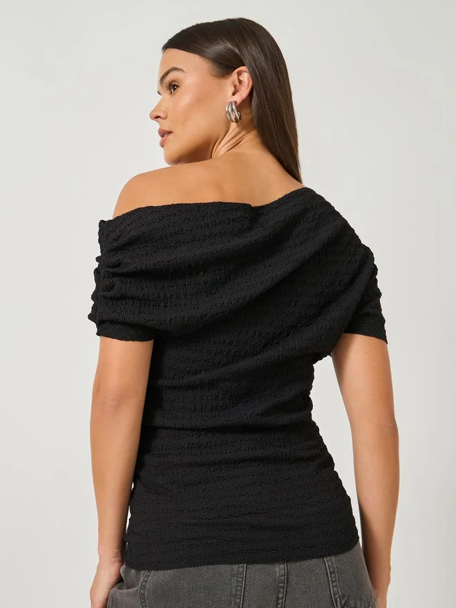 Styli Black Women Black Textured Asymmetric Neck Knit Top for Women | Best Price UAE