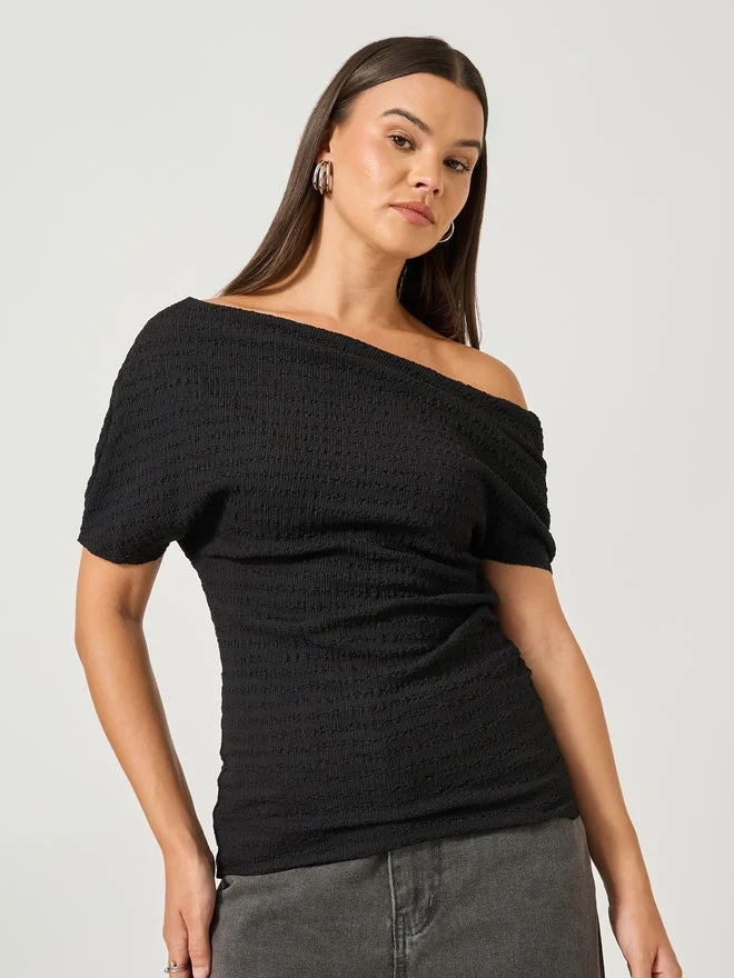 Styli Black Women Black Textured Asymmetric Neck Knit Top for Women | Best Price UAE