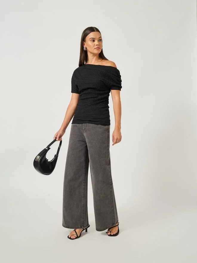 Styli Black Women Black Textured Asymmetric Neck Knit Top for Women | Best Price UAE