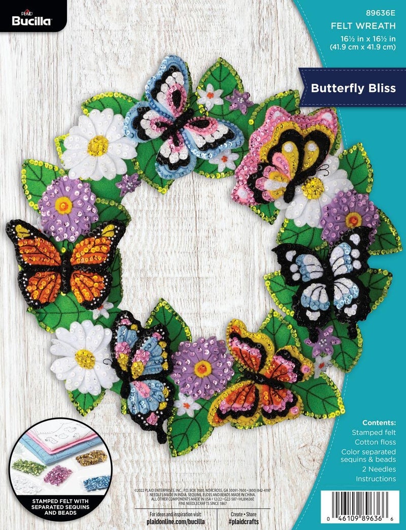Bucilla Bucilla Felt Applique Wreath Making Kit Butterfly Bliss Perfect for DIY Arts and Crafts 89636E 