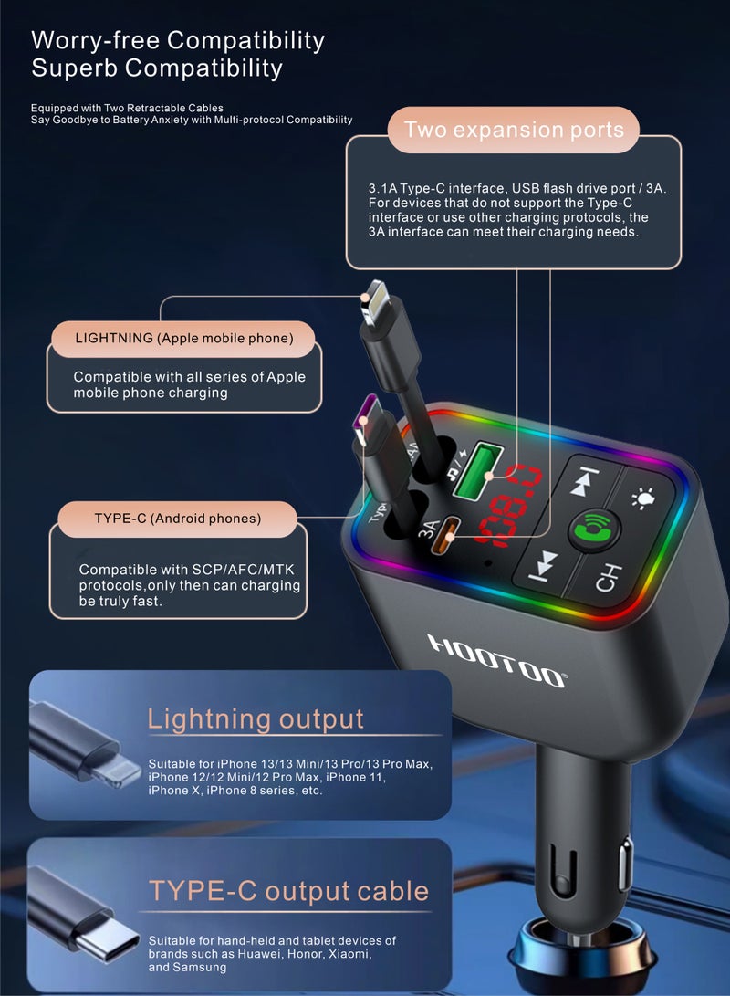 HooToo 4-in-1 120W Fast and Powerful Car Charger adapter. fast charger type c with built-in charging cable (Type-C charger & iPhone Lightning charger). type c charger with MP3 player and car stereo. car fast charger with (Type-C & USB) ports. - Image 2
