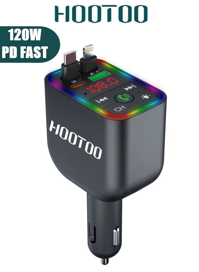 HooToo 4-in-1 120W Fast and Powerful Car Charger adapter. fast charger type c with built-in charging cable (Type-C charger & iPhone Lightning charger). type c charger with MP3 player and car stereo. car fast charger with (Type-C & USB) ports. - Image 1
