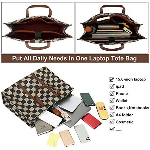 BTOOP Laptop Tote Bag for Women Work Shoulder Bags 15.6 inch Canvas Lattice Laptop Computer Purse Messenger Teacher Handbag Business Office Briefcase(Khaki-Black) - Image 3