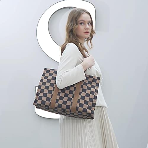BTOOP Laptop Tote Bag for Women Work Shoulder Bags 15.6 inch Canvas Lattice Laptop Computer Purse Messenger Teacher Handbag Business Office Briefcase(Khaki-Black) - Image 5