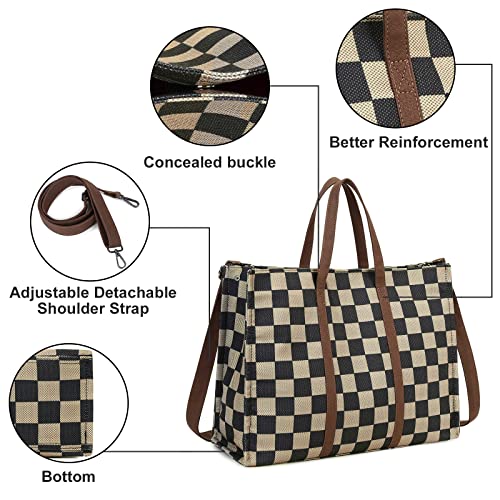 BTOOP Laptop Tote Bag for Women Work Shoulder Bags 15.6 inch Canvas Lattice Laptop Computer Purse Messenger Teacher Handbag Business Office Briefcase(Khaki-Black) - Image 4