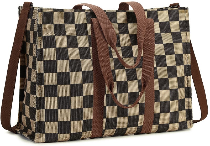 BTOOP Laptop Tote Bag for Women Work Shoulder Bags 15.6 inch Canvas Lattice Laptop Computer Purse Messenger Teacher Handbag Business Office Briefcase(Khaki-Black) - Image 1