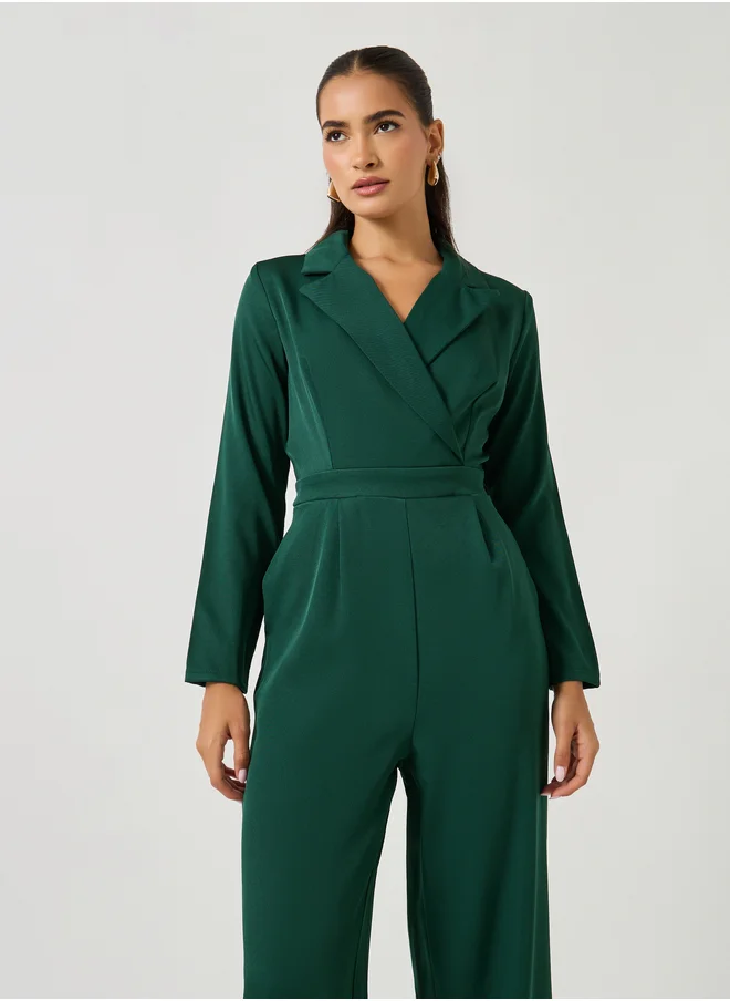 ستايلي Solid Notch Lapel Wide Leg Jumpsuit