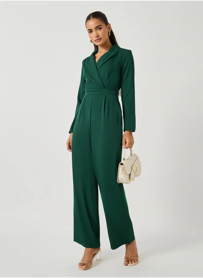 ستايلي Solid Notch Lapel Wide Leg Jumpsuit