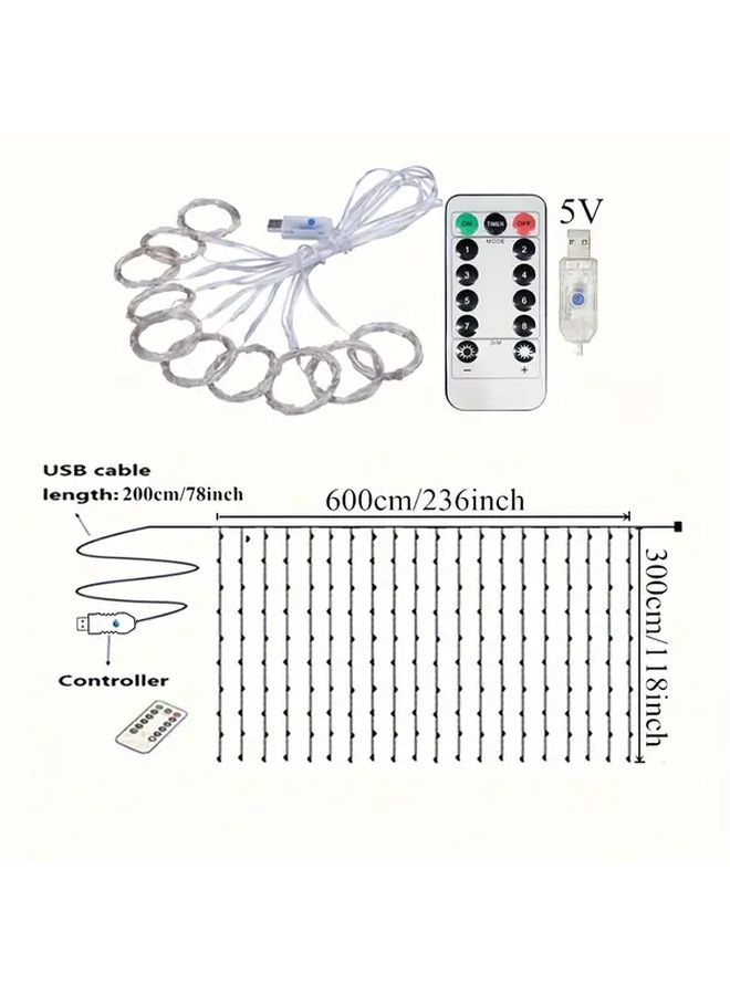 600 LED Warm White Curtain Lights 6Mx3M Remote 8 Modes USB Indoor Outdoor Decor - Image 3