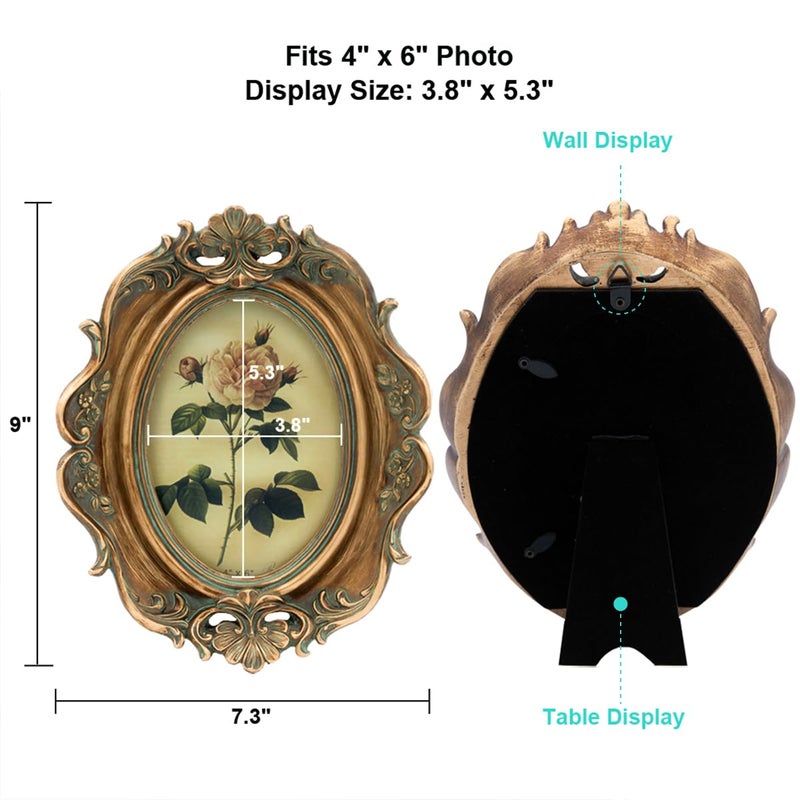 CISOO Vintage 4x6 Oval Picture Frame Antique Photo Frame Table Top Display and Wall Hanging, Retro Home Decor, Ornate Photo Gallery Art (Bronze Gold) - Image 5