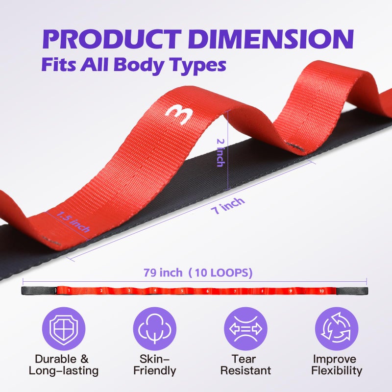 ROSAPOAR Stretching Strap with Loops - Non Elastic Yoga Straps for Physical Therapy, Durable Stretch Bands for Exercise, Flexibility Training, Hamstring & Leg Stretcher, Yoga/Pilates/Gymnastics - Red - Image 2
