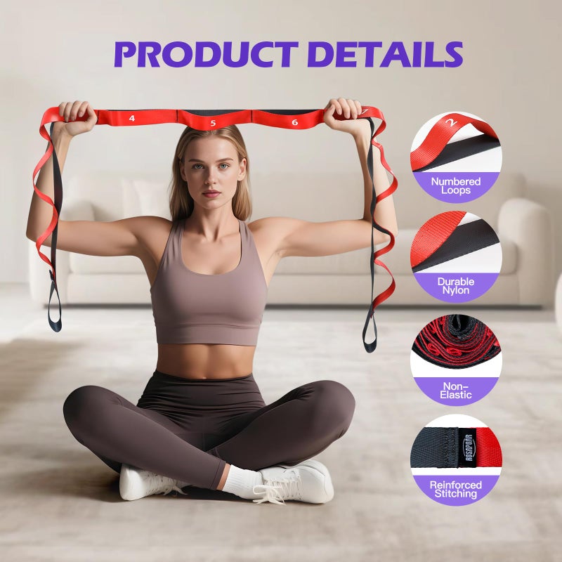 ROSAPOAR Stretching Strap with Loops - Non Elastic Yoga Straps for Physical Therapy, Durable Stretch Bands for Exercise, Flexibility Training, Hamstring & Leg Stretcher, Yoga/Pilates/Gymnastics - Red - Image 4