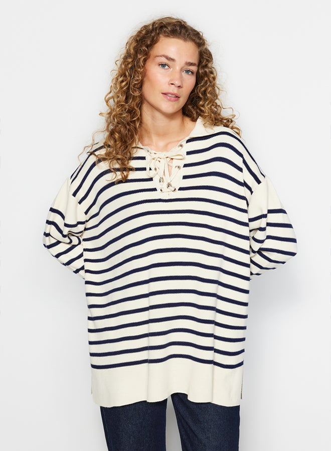 trendyol Beige Comfortable Striped Knitwear Sweater - Image 1