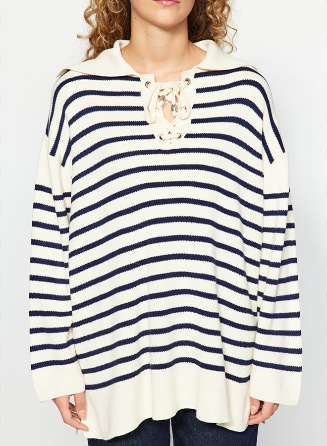 trendyol Beige Comfortable Striped Knitwear Sweater - Image 4