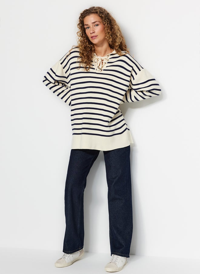 trendyol Beige Comfortable Striped Knitwear Sweater - Image 3