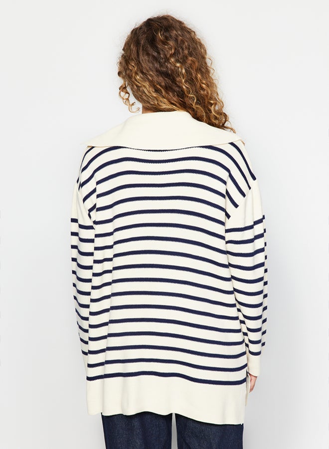 trendyol Beige Comfortable Striped Knitwear Sweater - Image 5