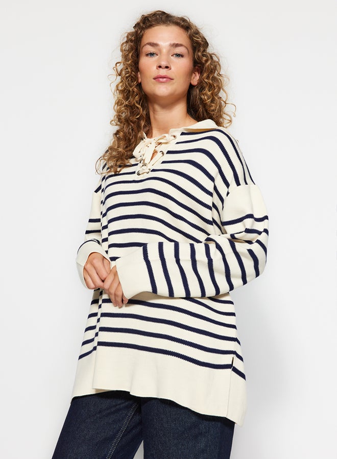 trendyol Beige Comfortable Striped Knitwear Sweater - Image 2
