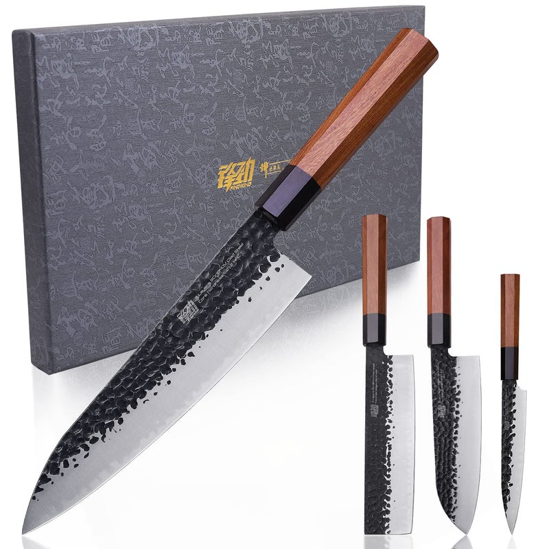 FINDKING Dynasty Series 4PCS Kitchen Knife Set, Professional Japanese Chef Knife Set, 9Cr18MoV High Carbon Steel Blade, African Rosewood Octagonal Handle, for Meat, Fruits, Vegetables - Image 1