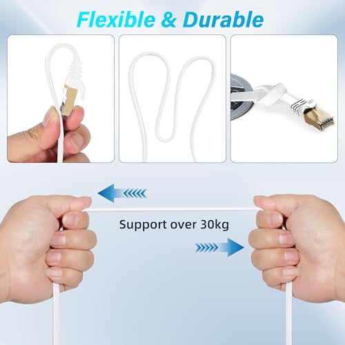Adoreen Cat 7 Flat Outdoor Ethernet Cable 100 Ft-White, High-Speed Shielded Internet Network Cable, S/FTP, POE, 10Gbps 600MHZ Thin Cat 6E 6A Patch LAN Cord, LLDPE, direct Burial for fast gaming +Clips - Image 5