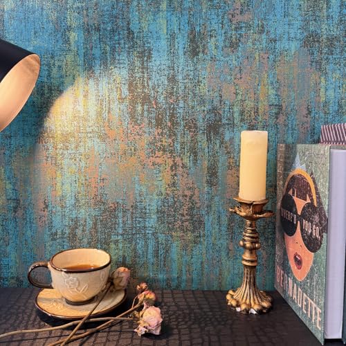 JiffDiff Vintage Metallic Peel and Stick Wallpaper Industrial Metallic Concrete Wall Paper Modern Stick on Wallpaper Self Adhesive Contact Paper(17.3" x 800" Blue Gold) - Image 1