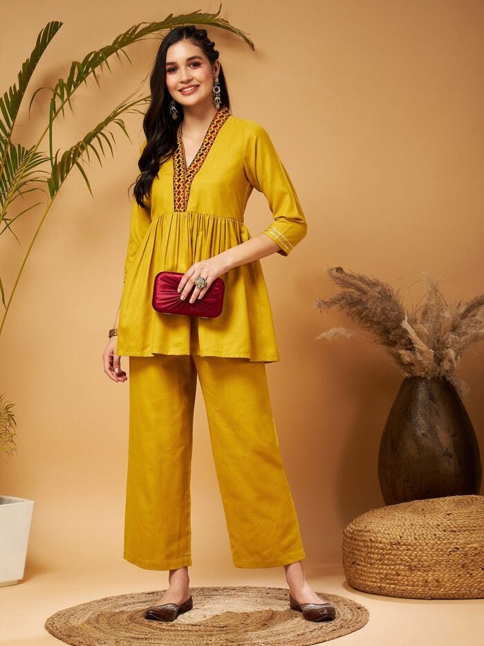 PRASHA Women Mustard Embroidered Gathered Top With Palazzos - Image 1