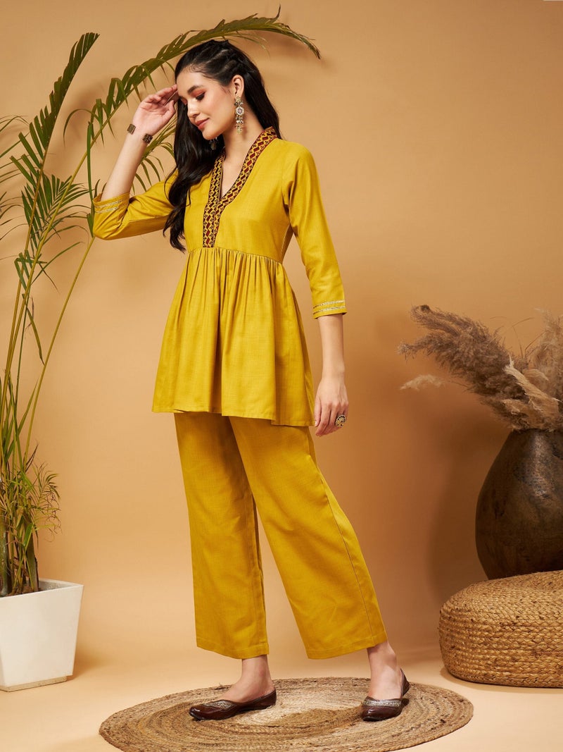 PRASHA Women Mustard Embroidered Gathered Top With Palazzos - Image 3