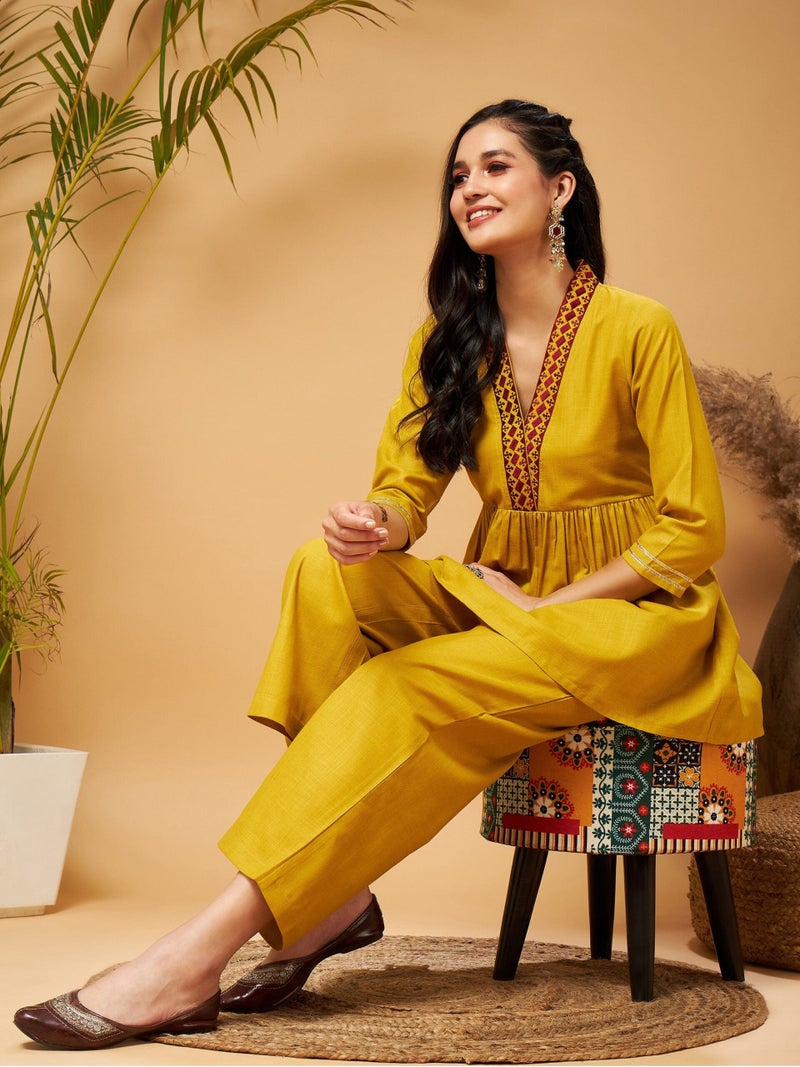 PRASHA Women Mustard Embroidered Gathered Top With Palazzos - Image 2