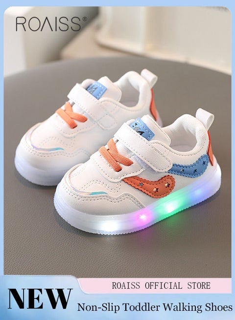Boys and Girls Fashionable Sports Shoes Lighting Toddler Walking Shoes Little White Sneakers Non-slip Soft Sole Baby Shoes Wearing Children's Shoes in Multiple Occasion Velcro Design
