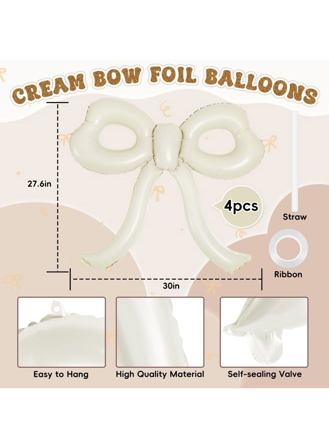 YTHETM 4 Pcs Bow Birthday Decorations Cream Bow Balloons for Girl Women Bow Themed Party Decorations Giant Foil Beige Balloons for Birthday Baby Shower Gender Reveal Wedding Decor Party Supplies - Image 2