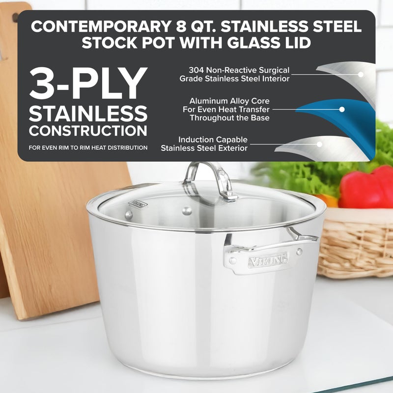 Viking Contemporary 3-Ply Stainless Steel Stock Pot, 8 Quart Soup Cooking Pot with Lid, Kitchen Cookware - Image 2
