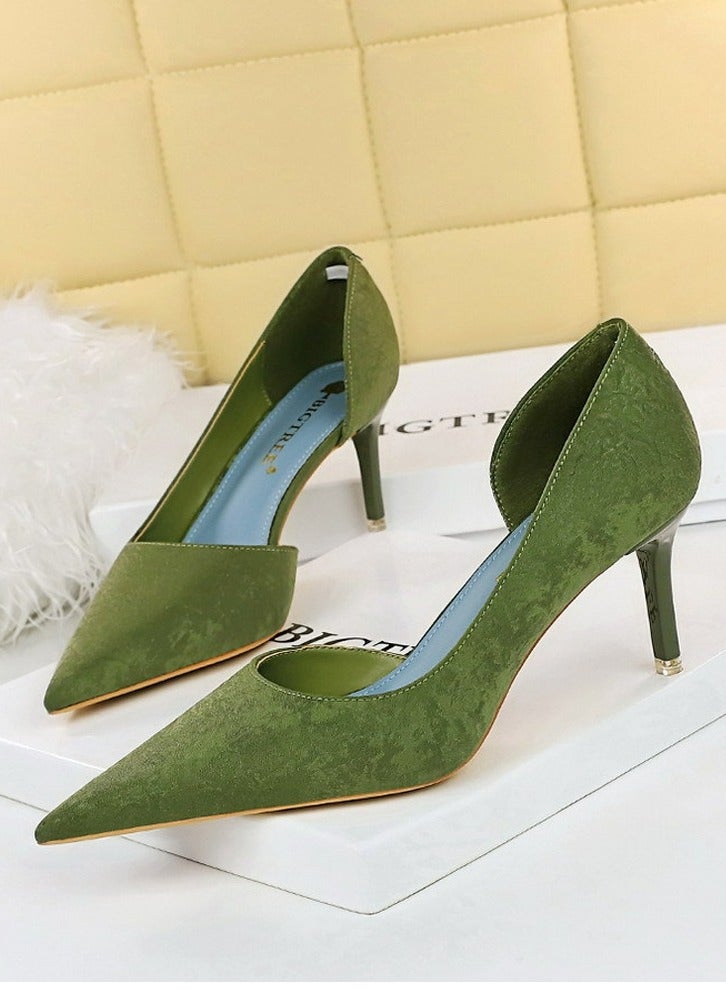 BIGTREE Women's Fashionable And Elegant Side Hollow Stiletto Pumps 7 cm Elegant Gorgeous Closed Pointed Toe Slip On Solid High Heels Green